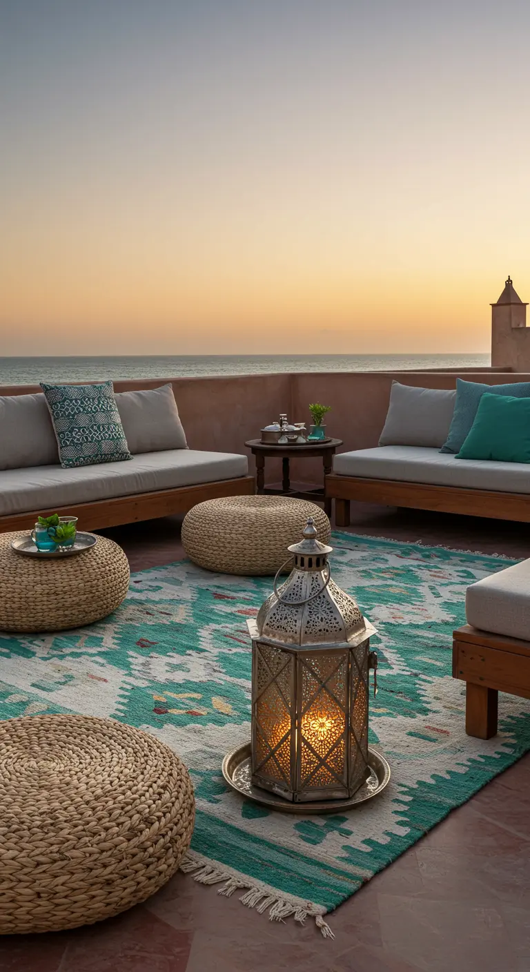 Rooftop terrace with turquoise kilim rug, wicker poufs, and a large metal lantern at sunset.