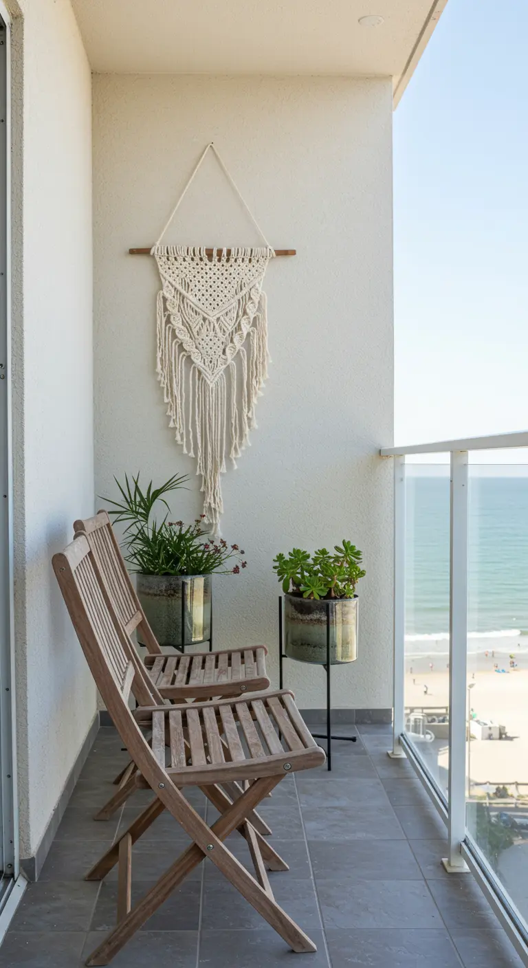 A balcony with a glass railing overlooking the sea, with teak chairs and planters.