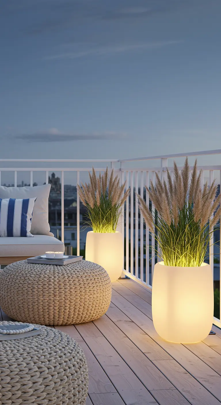 Coastal-style rooftop deck with woven poufs, glowing planters with pampas grass, and striped cushions.