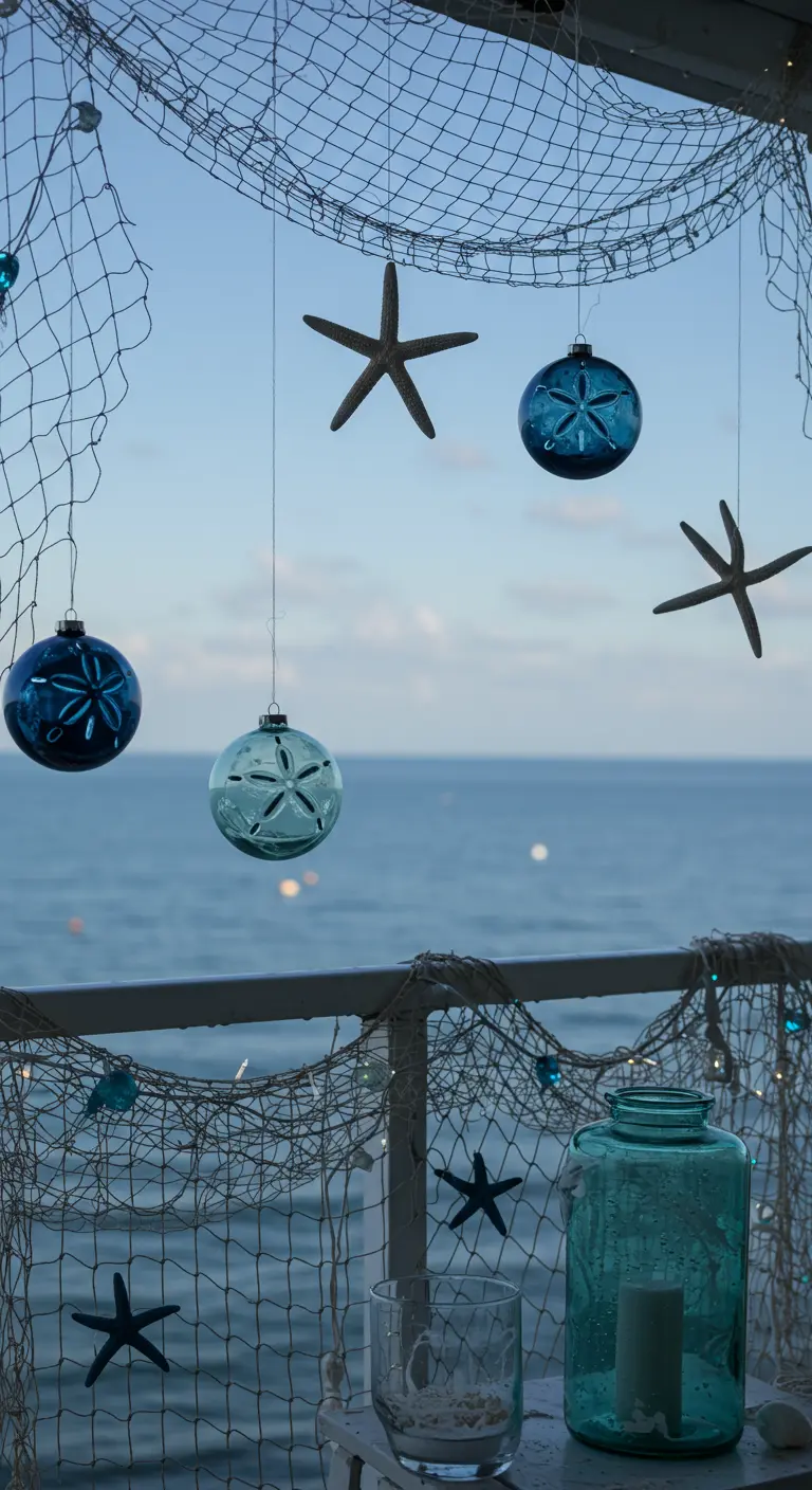 A coastal-themed balcony with fishing nets, starfish, and blue glass ornaments.
