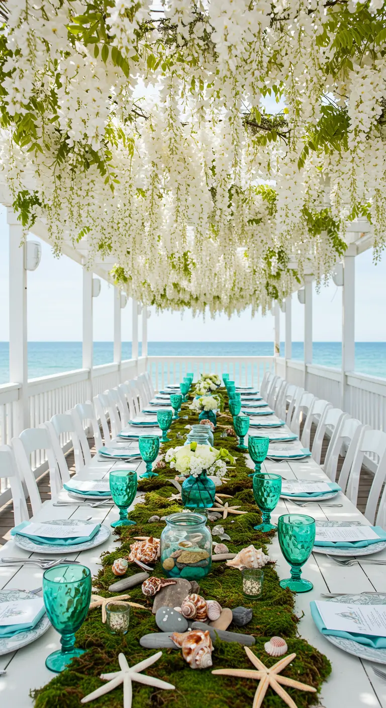Beach deck party table with a moss and seashell runner under a white wisteria canopy.