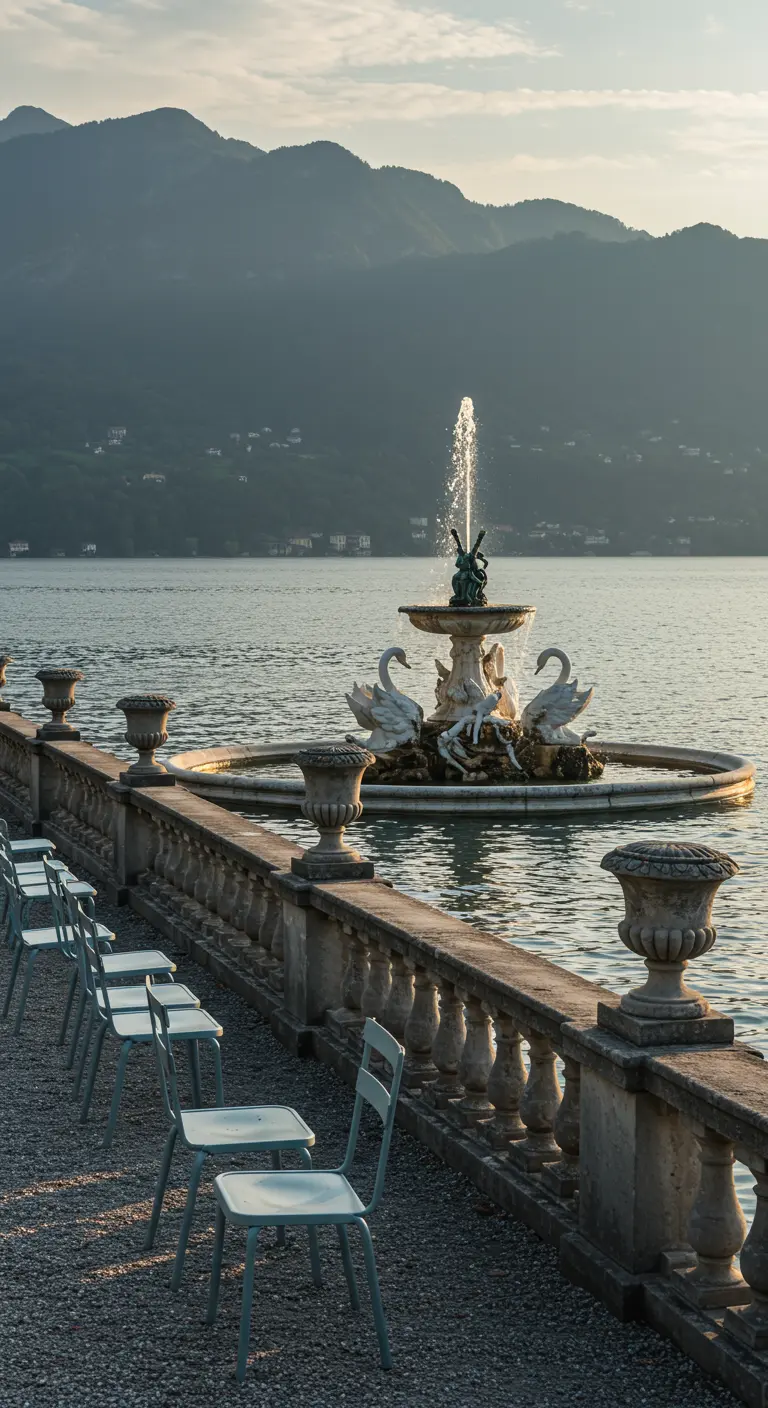 A row of simple blue-gray chairs lines a stone balustrade, facing a fountain on a lake.