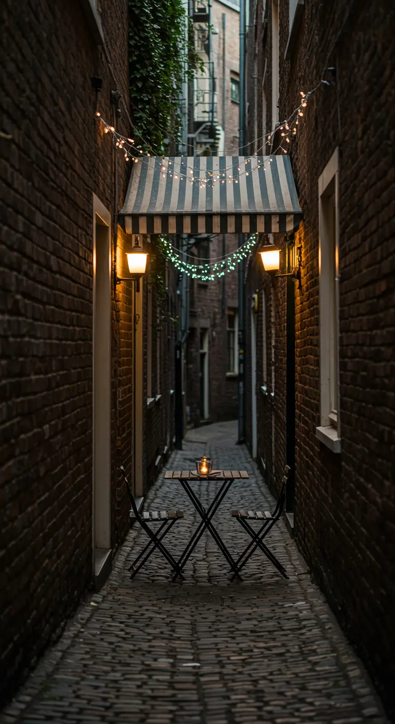A bistro set in a narrow brick alleyway, lit by string lights under a striped awning.