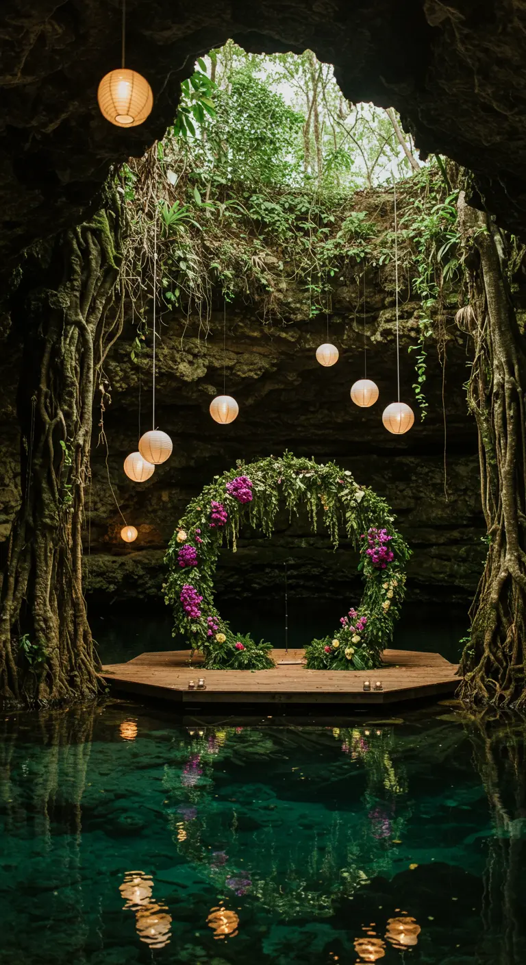 A floral wedding hoop on a platform in a cenote, with lanterns hanging above the water.