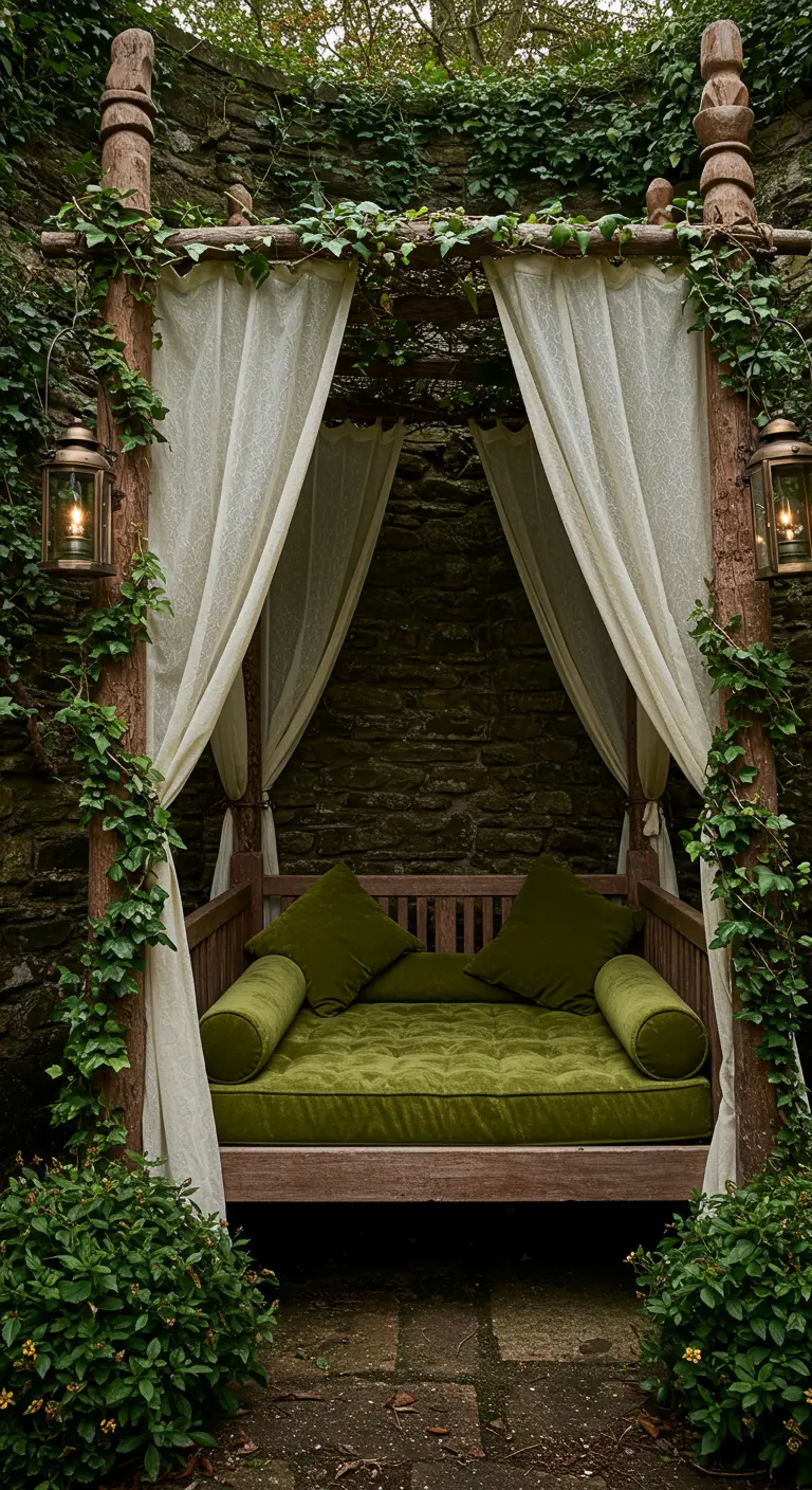Teak daybed in a stone courtyard with climbing ivy and olive green velvet cushions.