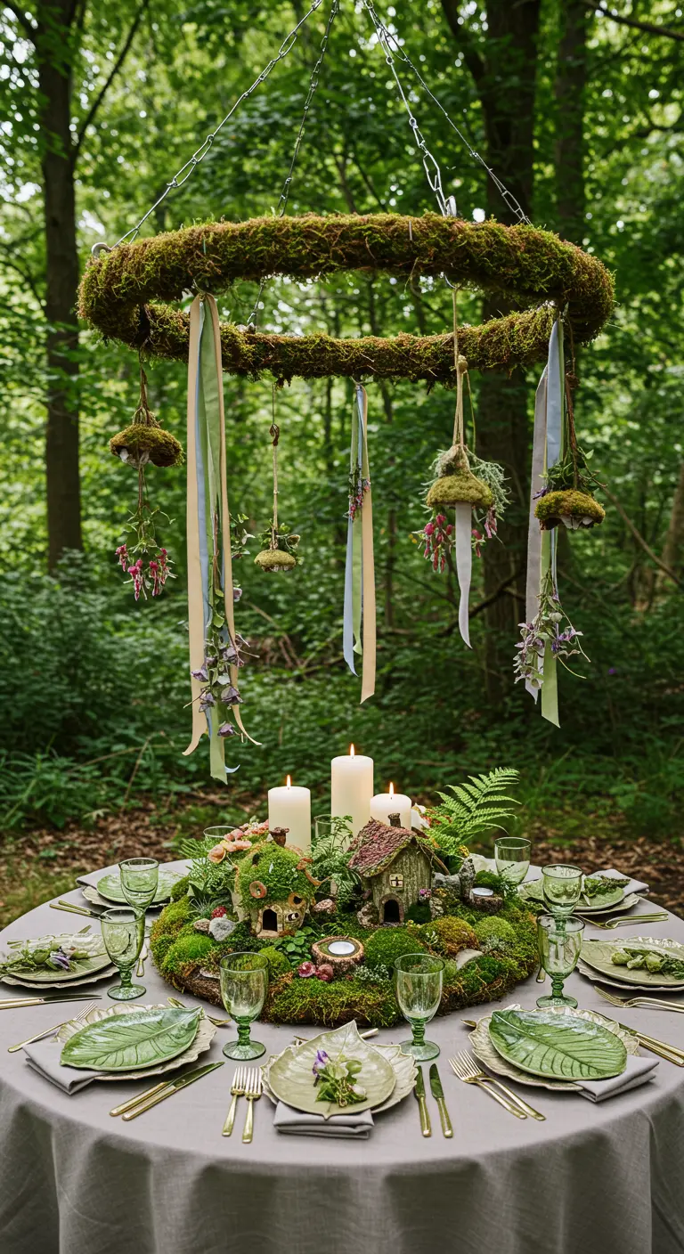 Fairy garden tablescape with a hanging moss wreath and ribbons.