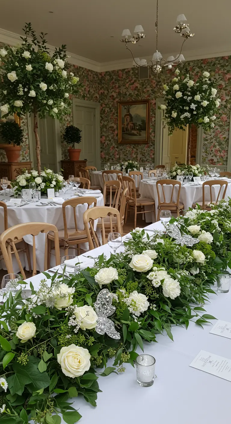 A long table with a green and white floral garland dotted with silver glitter butterflies.