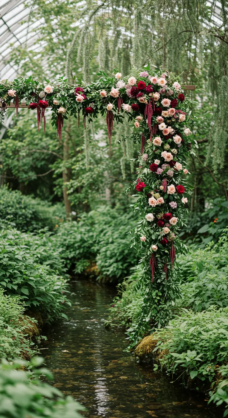 A floral wedding arch covered in greenery, set over a small stream in a lush garden.