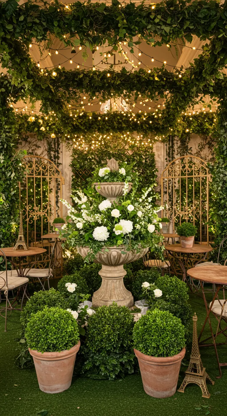 An indoor garden party with ivy-covered walls, a stone fountain, and bistro tables
