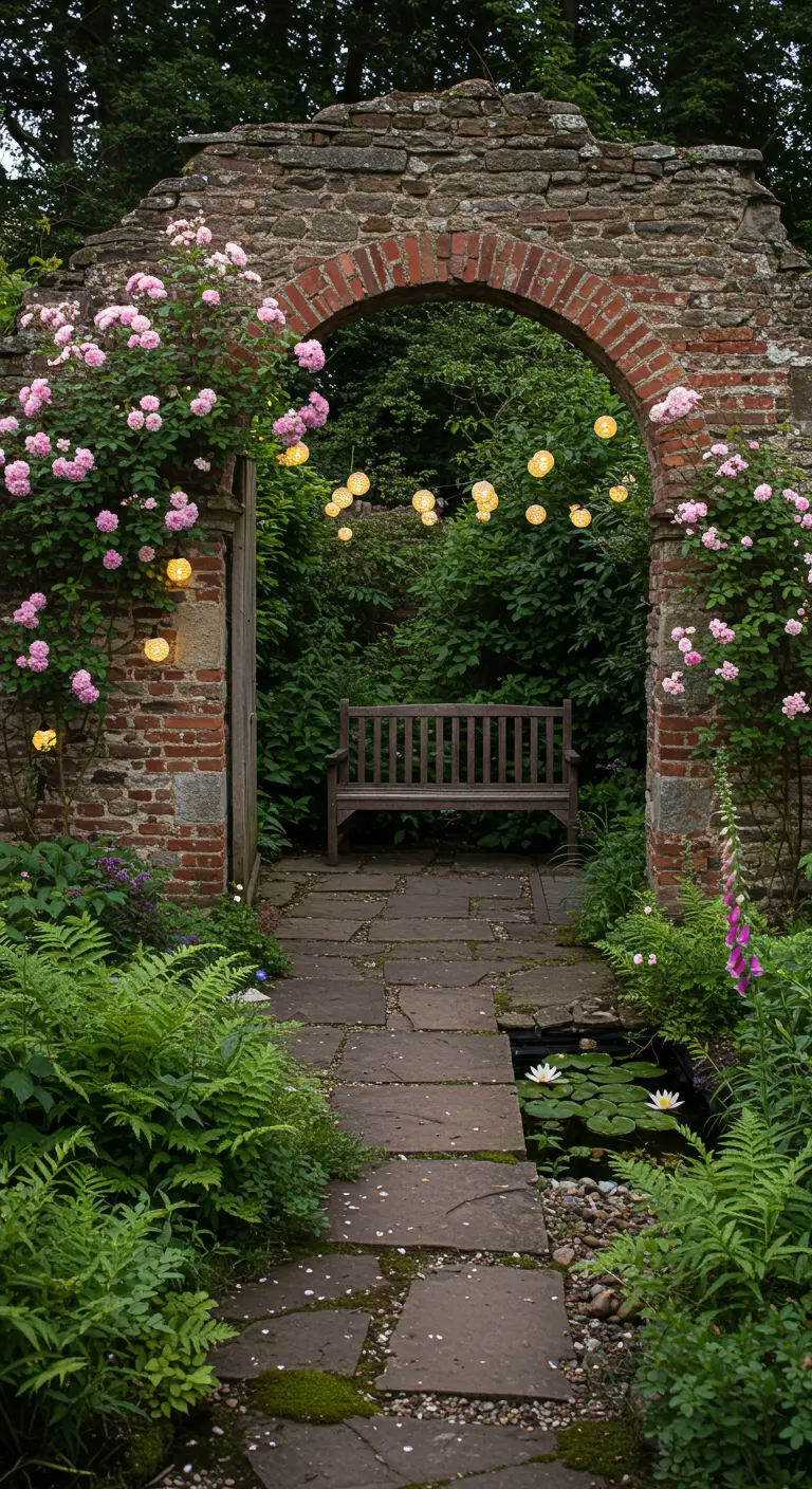 Old brick archway with pink climbing roses and globe lights leading to a hidden garden pond.