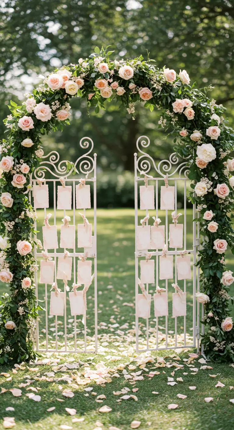 A white garden gate adorned with a floral arch and hanging escort cards.