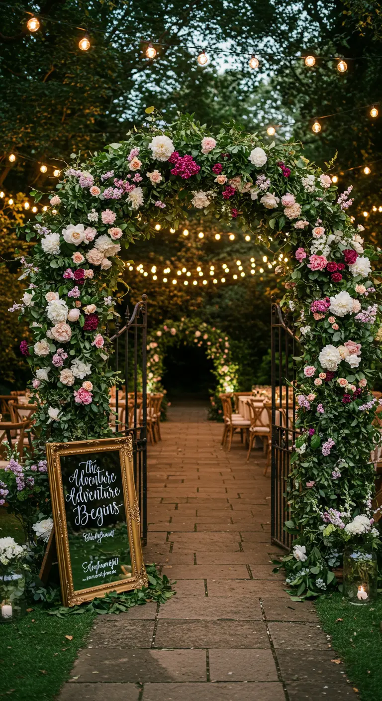 A lush floral arch over a garden gate with pink and white roses, lit by string lights.