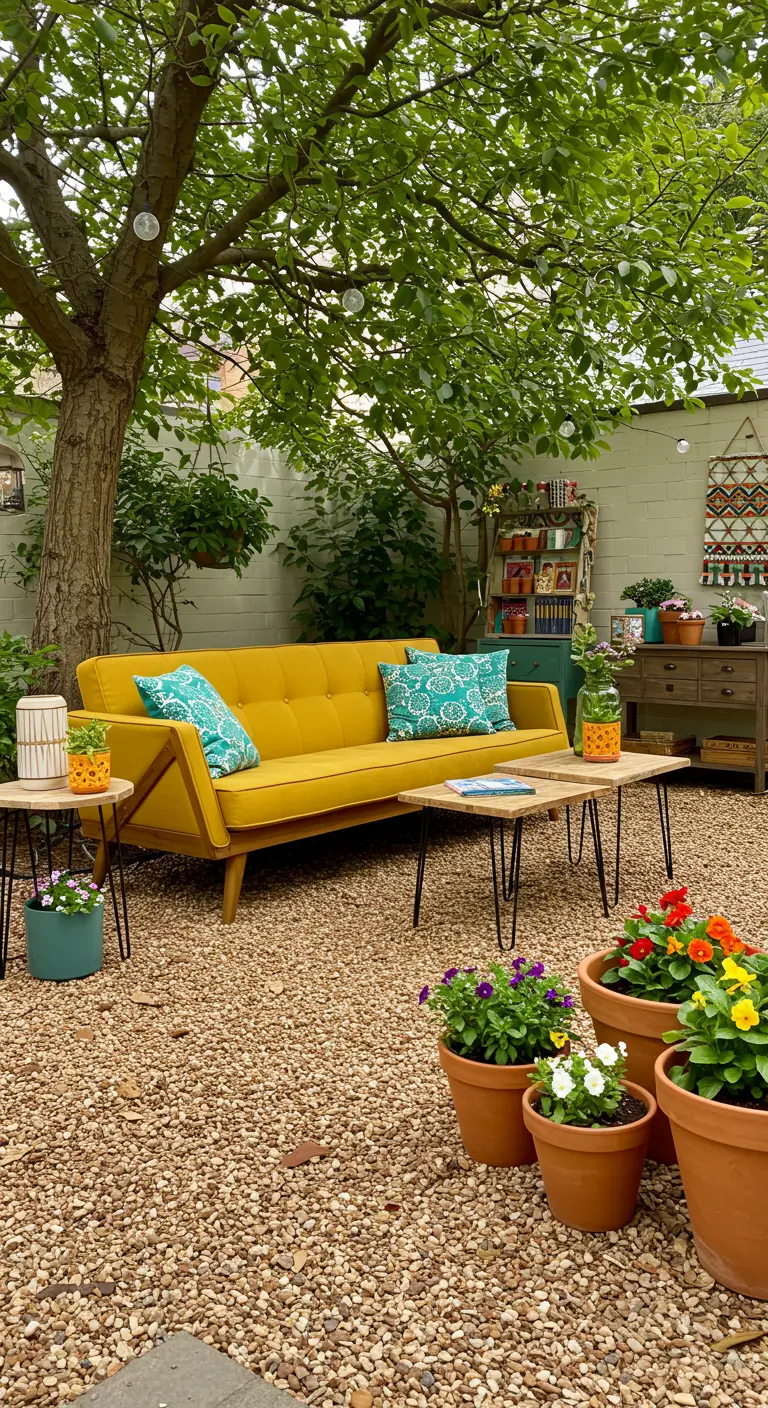 A mustard sofa in a gravel garden under a leafy tree, with colorful potted flowers.