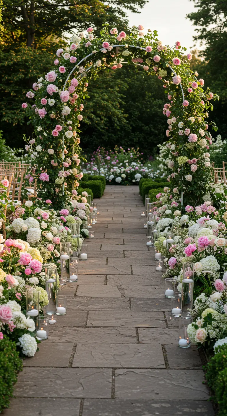 A garden wedding aisle with a pink and white floral arch.