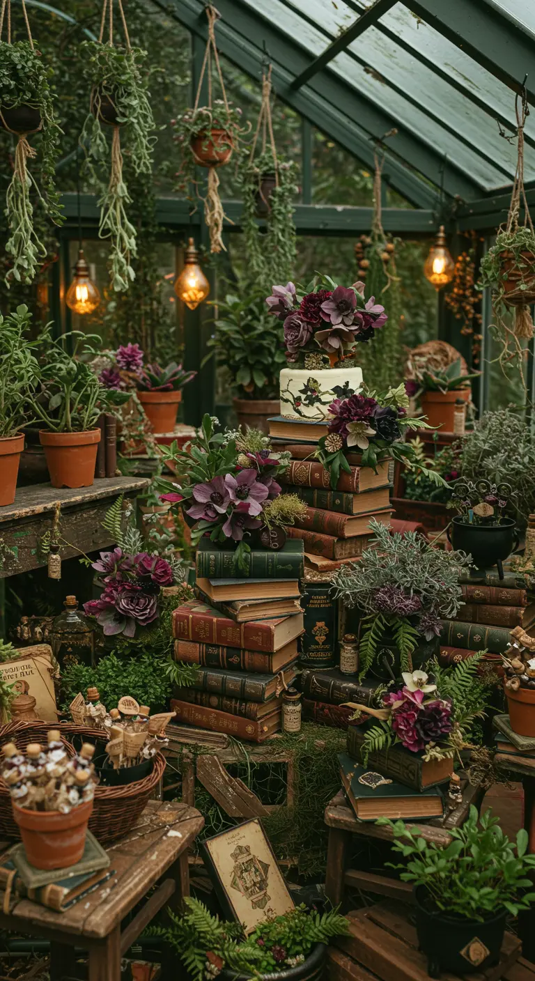 Greenhouse party with abundant plants, book stacks, dark purple flowers, and a cake.