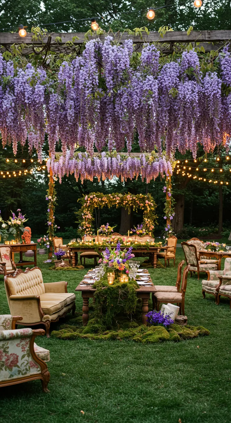 Outdoor garden party with vintage lounge furniture set up on the grass under a wisteria pergola.