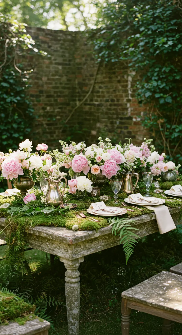 An old stone table covered in moss and ferns with pink peony arrangements.