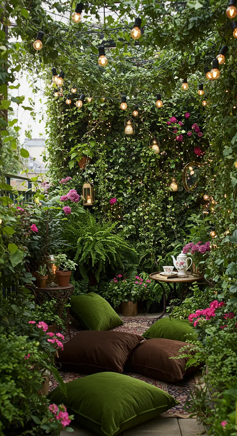 Balcony covered in lush greenery with string lights, lanterns, and green floor cushions.