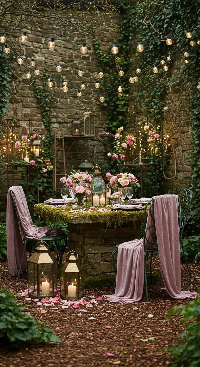 A romantic table setting in a stone garden with moss, pink roses, lanterns, and velvet chair drapes.