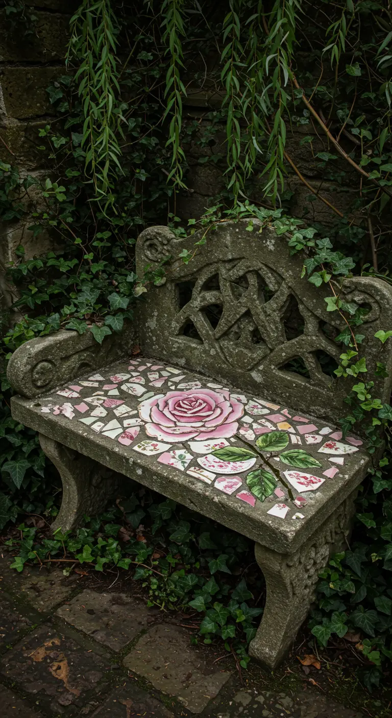 An old stone bench in an overgrown garden with a cracked mosaic of a single pink rose.
