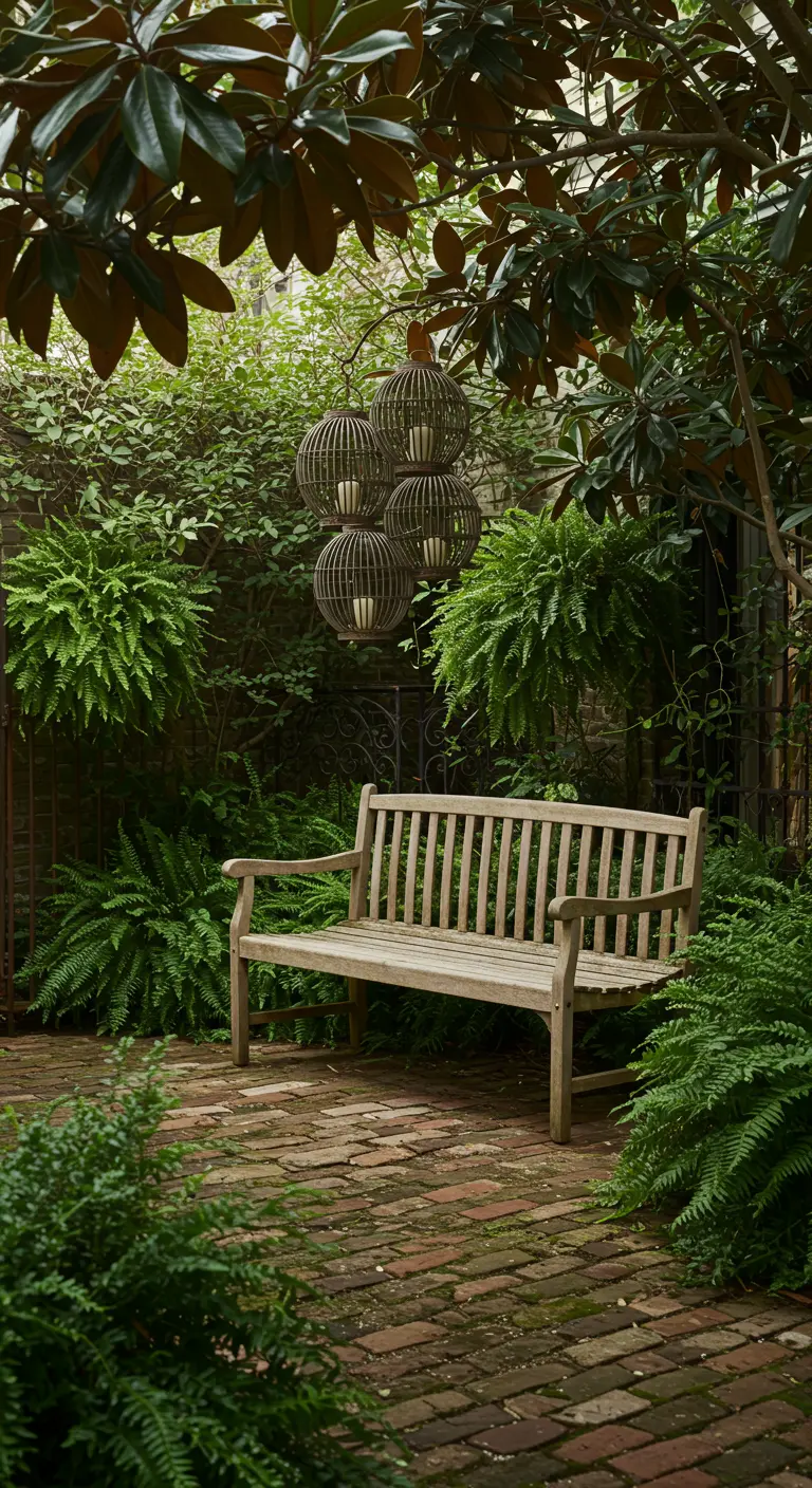 A teak bench in a shady courtyard filled with ferns and hanging spherical lanterns.