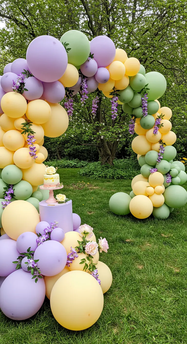 A pastel balloon arch with purple, green, and yellow balloons set up in a lush garden.