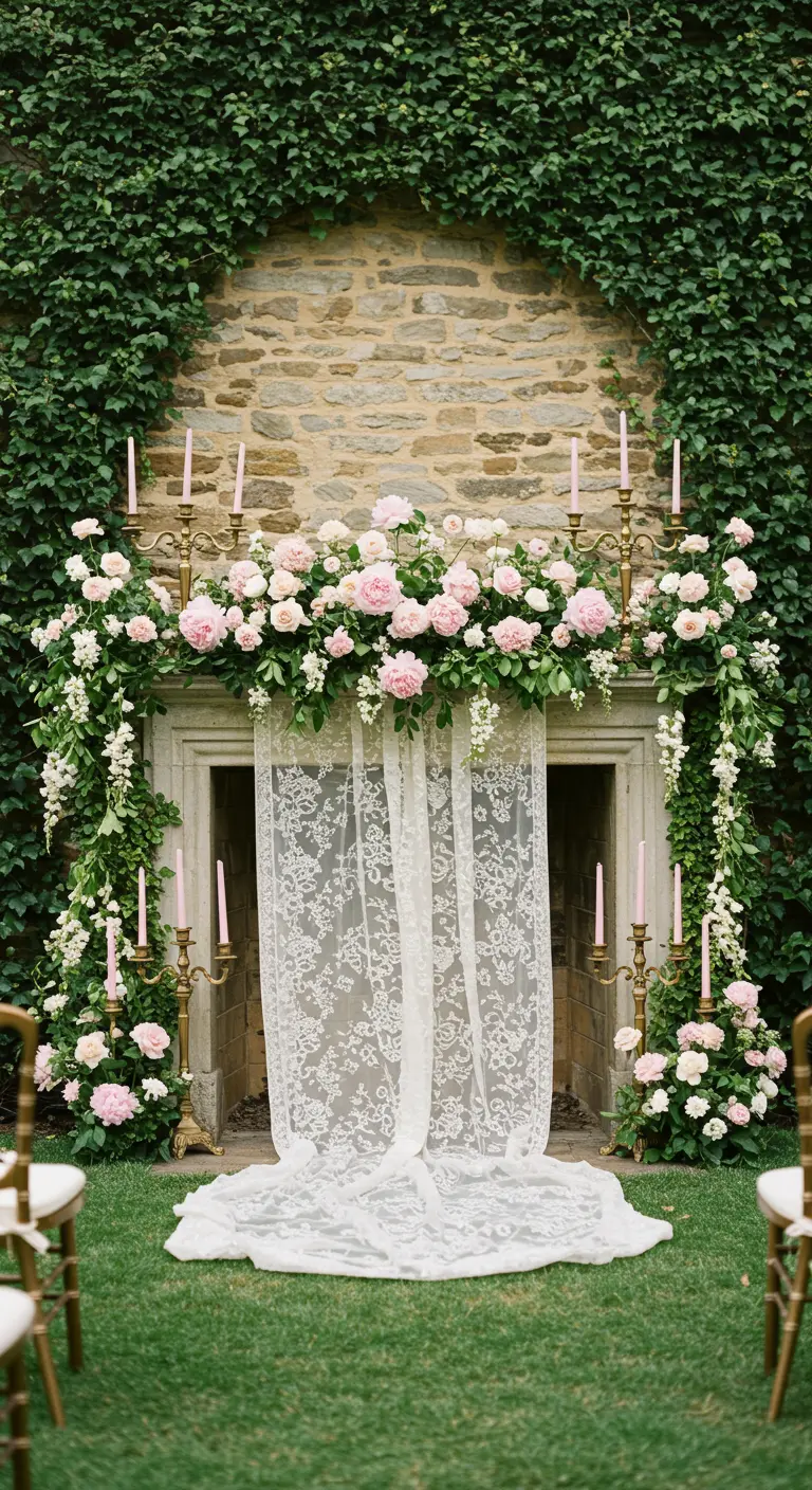 Outdoor fireplace covered in ivy, pink roses, and a long lace curtain.