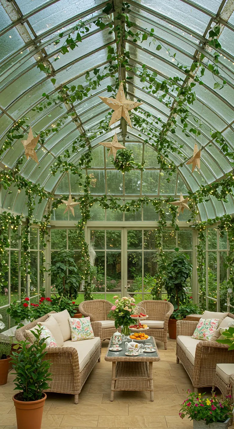 A bright greenhouse set for a tea party, with paper stars and ivy decorating the glass ceiling.