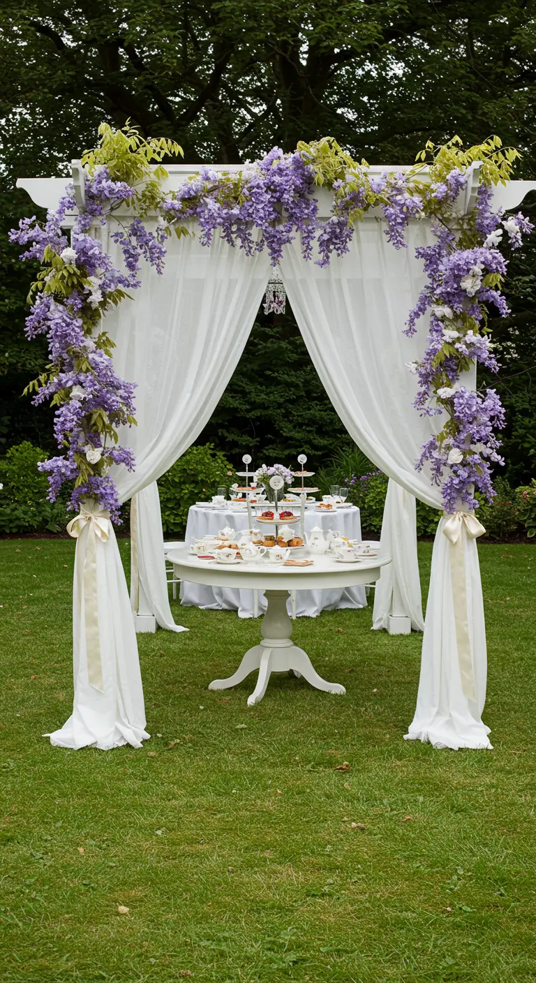 White garden pergola with wisteria, framing a high tea dessert table.