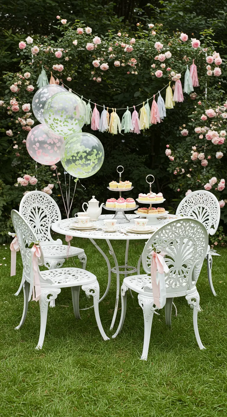 A garden tea party with a white table, confetti balloons, and a pastel tassel garland in front of a rose bush.