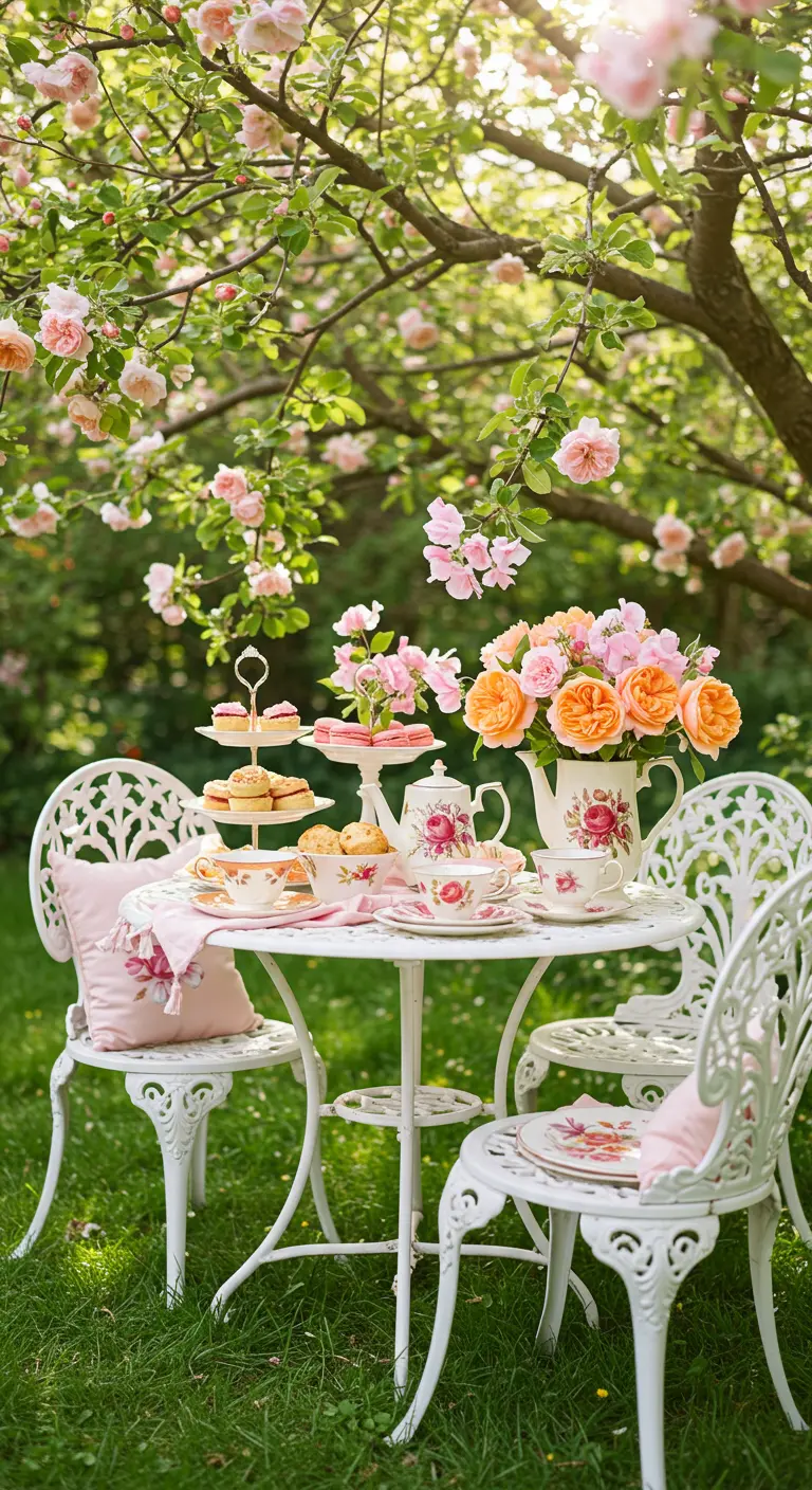 Outdoor tea party with vintage white chairs, floral china, and pink roses.