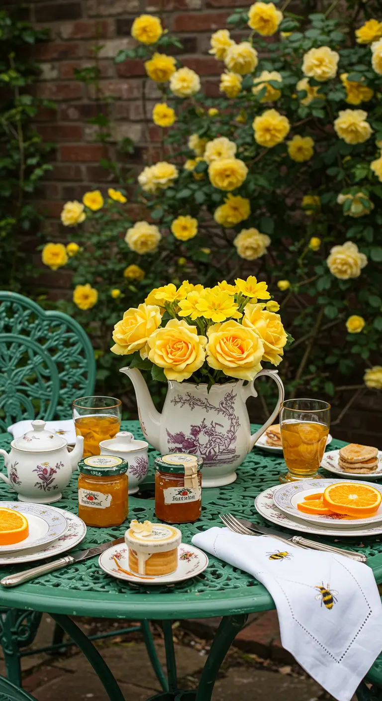 An English garden table with a teapot used as a vase for yellow roses.