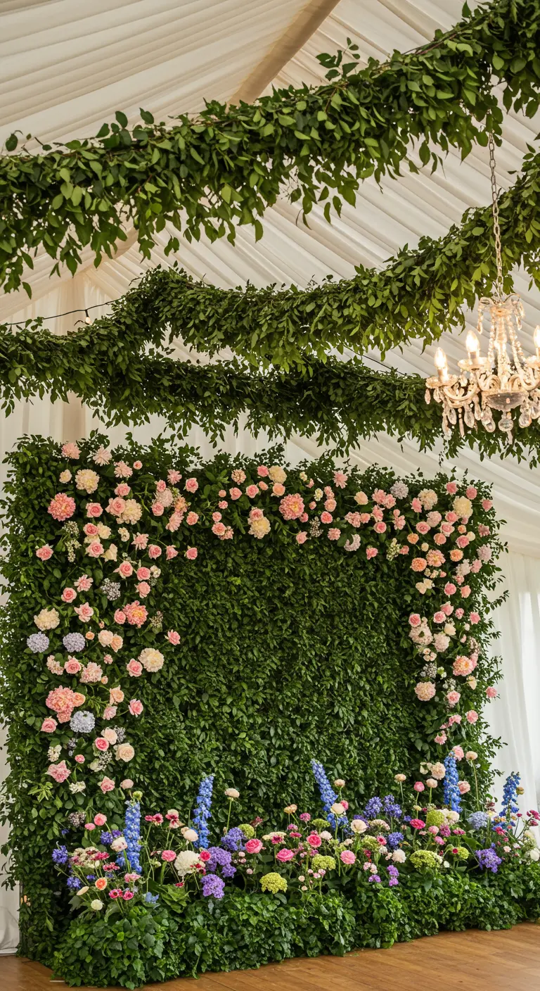 Greenery wall with pink and blue flowers under a canopy of green garlands.