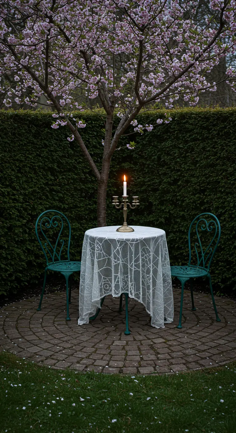 A small tea table for two with a lace cloth and candelabra set under a blooming cherry tree.