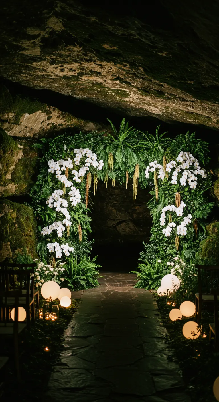 A cave entrance framed by a lush arch of white orchids and ferns, with glowing orbs on the path.