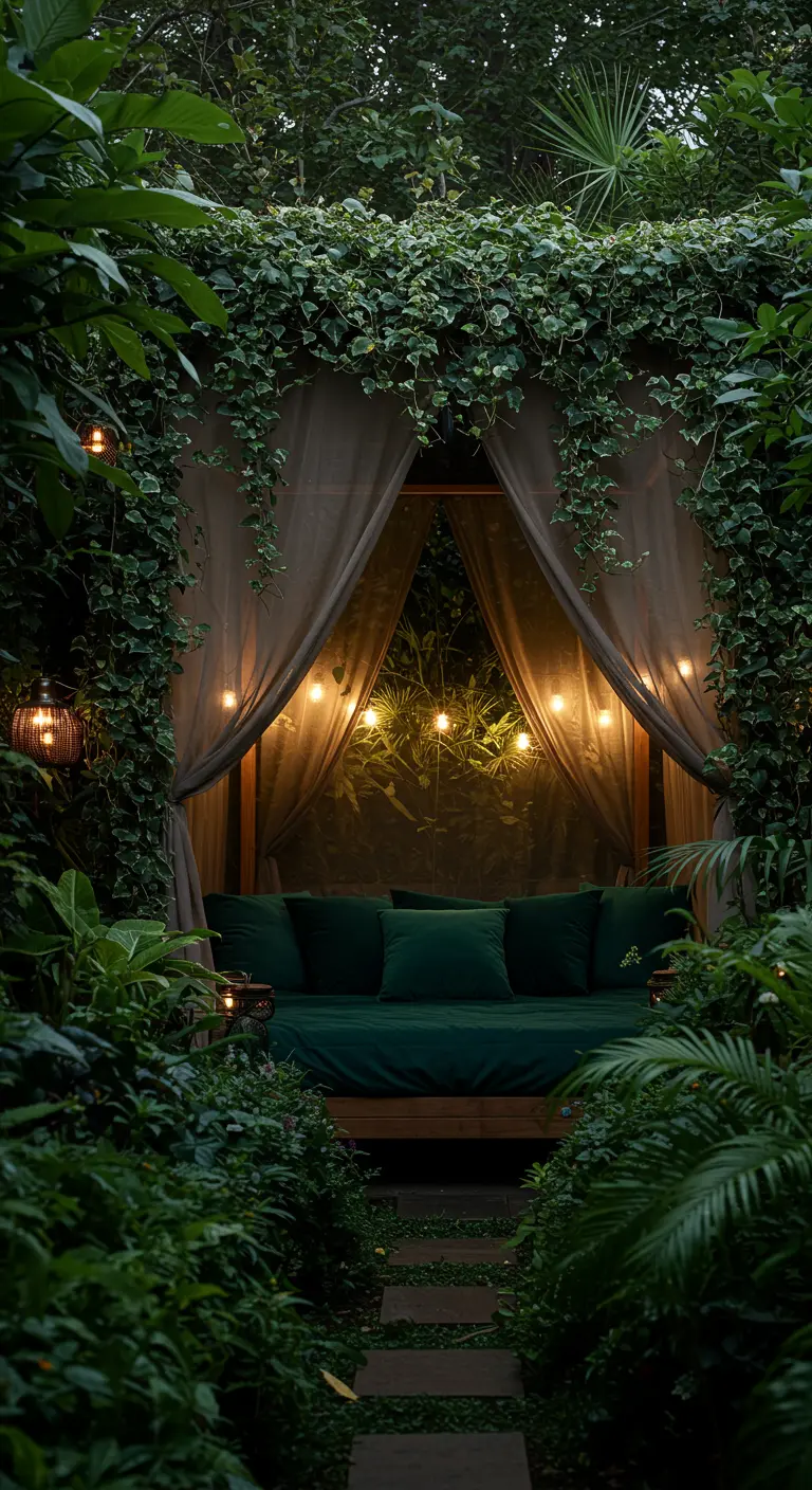 A wooden daybed with green cushions nestled in a lush, overgrown garden nook.