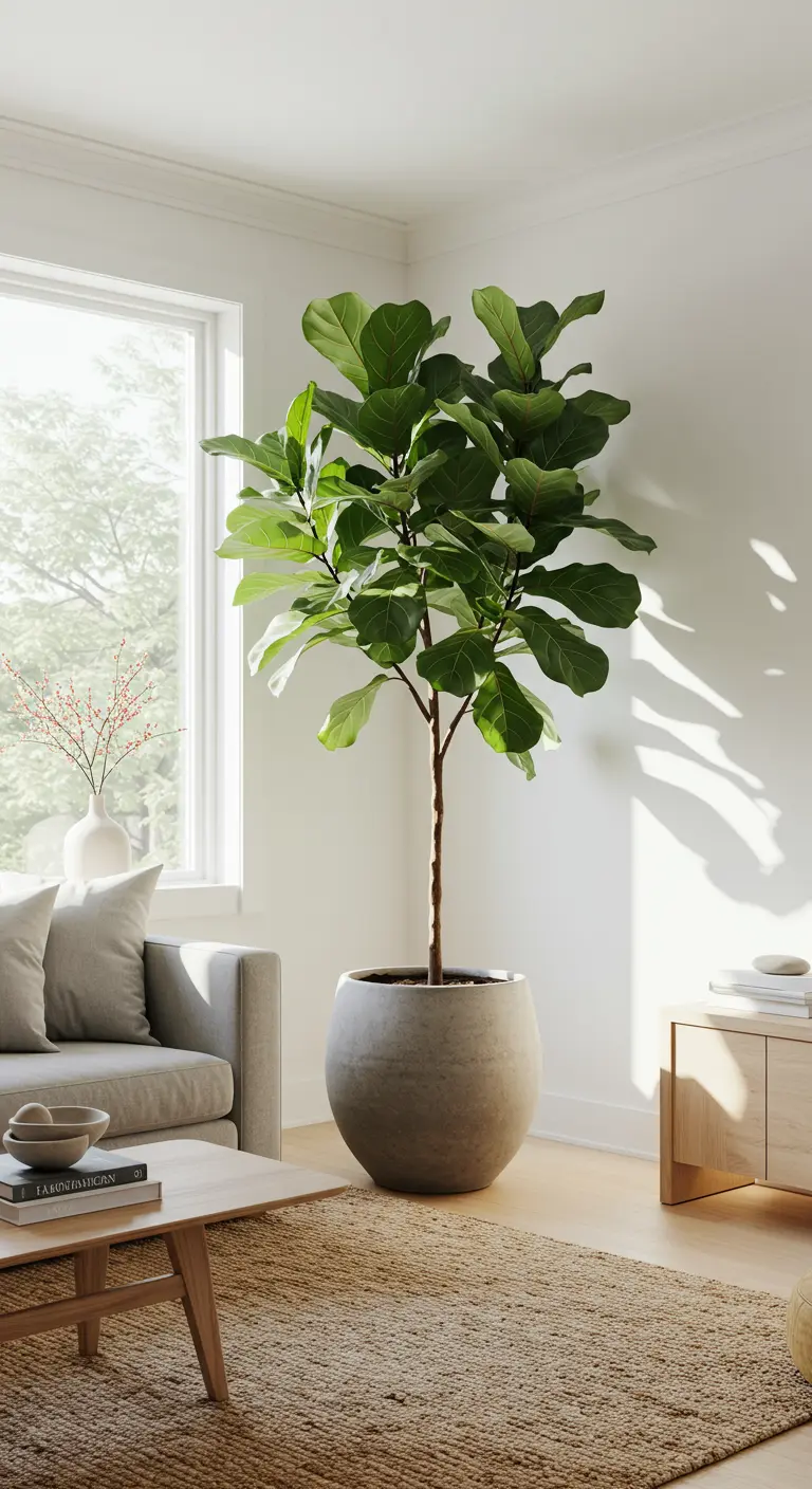 A large fiddle leaf fig in a round stone pot in a neutral living room.