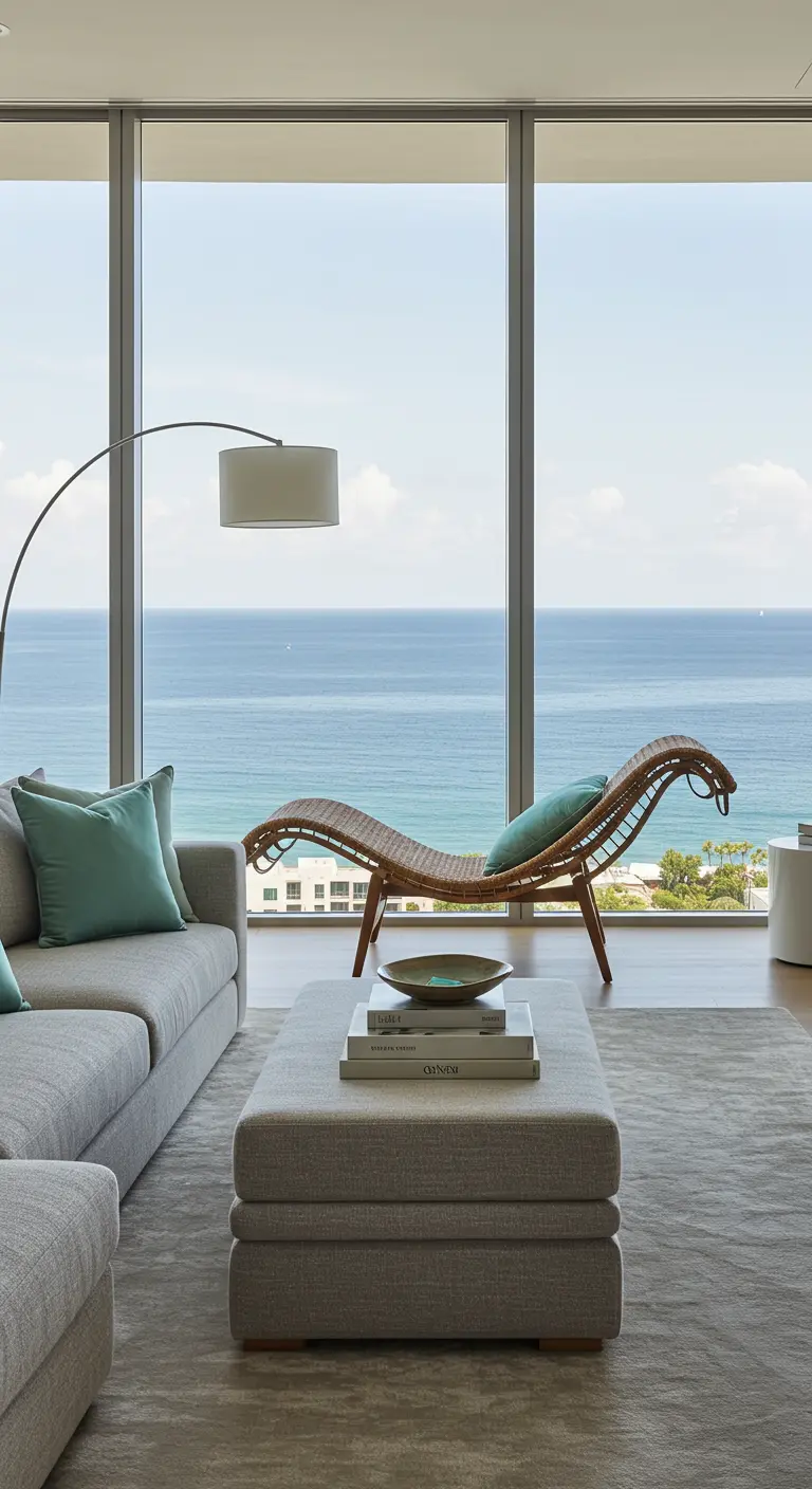 Modern living room with floor-to-ceiling windows overlooking the ocean and a woven chaise lounge.
