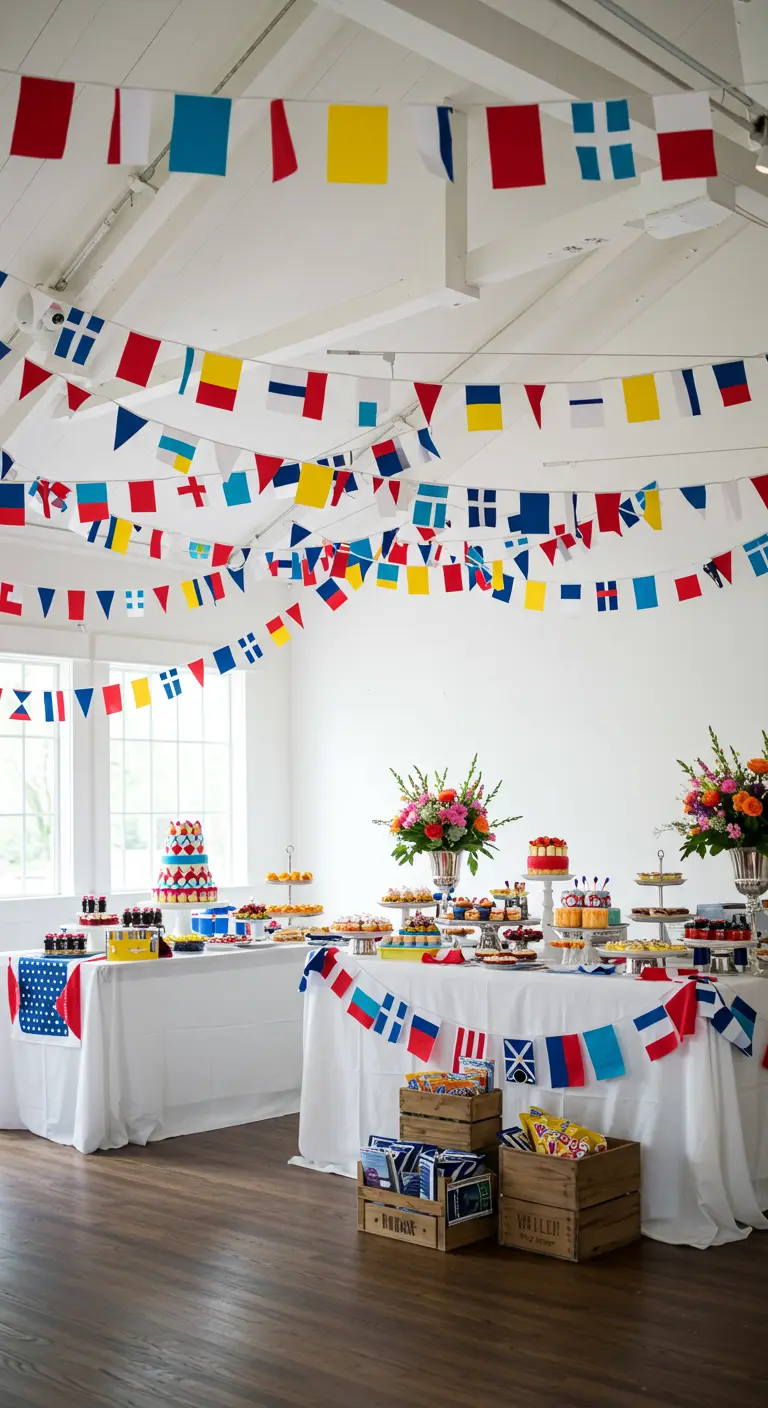 A bright party room decorated with crisscrossing garlands of colorful nautical signal flags.