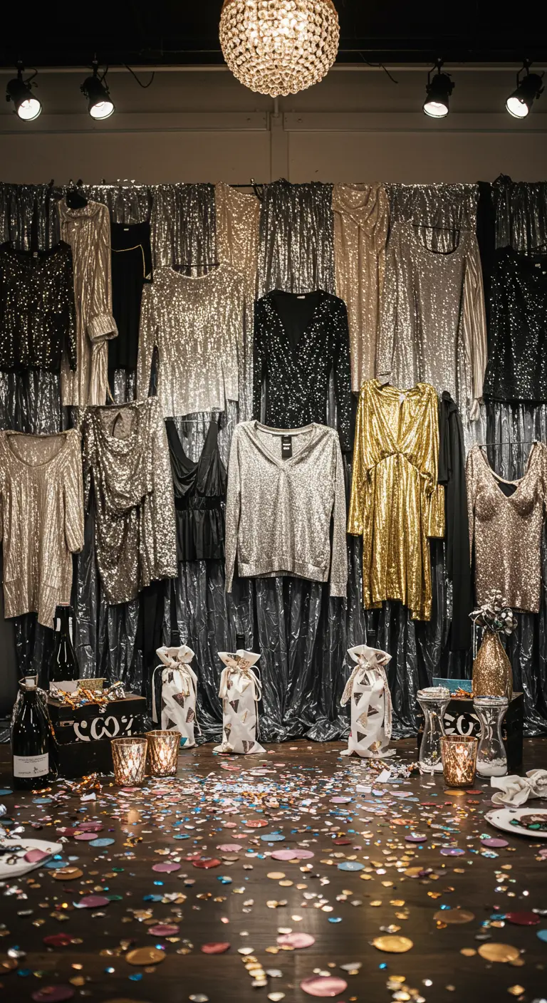 A wall decorated with hanging silver and gold sequined tops for a party backdrop.