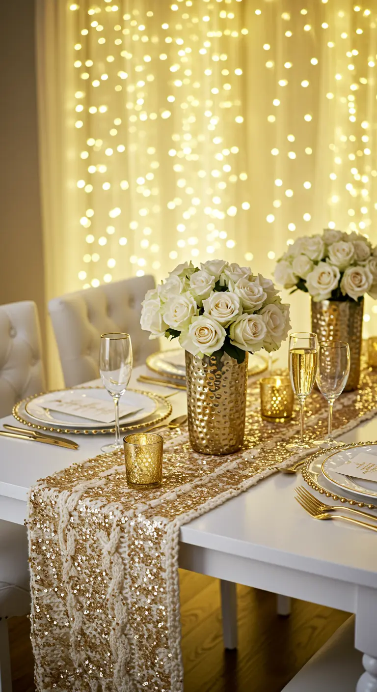 Glamorous white and gold table with a sequined knit runner and a fairy light backdrop.