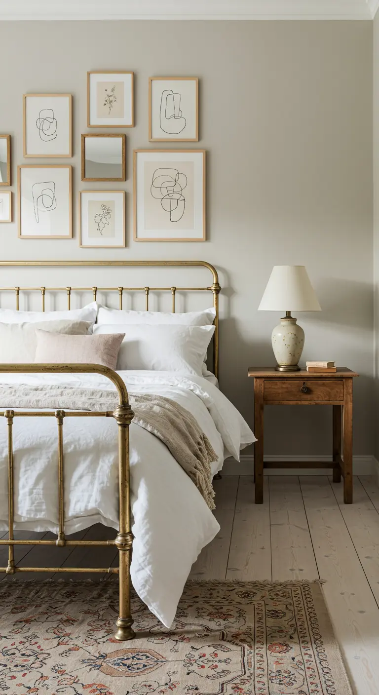 Serene bedroom with a brass bed, white linens, and a gallery wall of abstract and botanical art.