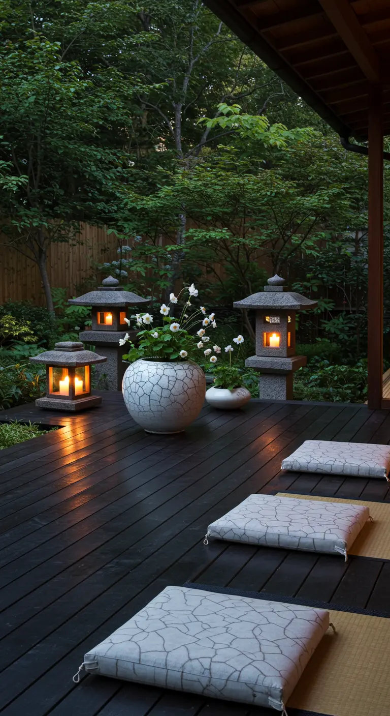A dark wood deck with floor cushions, stone lanterns, and white Japanese anemones.