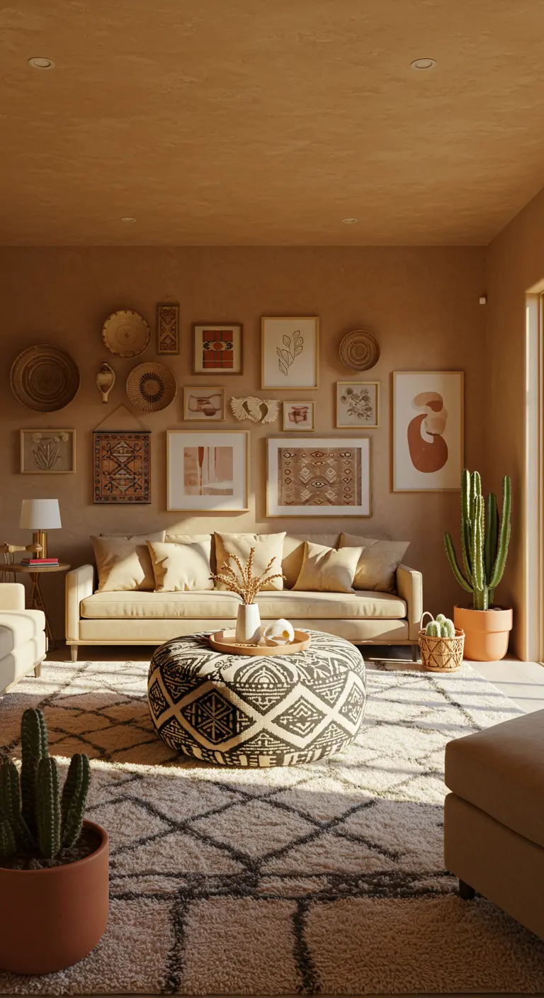 Desert modern living room with a neutral palette, textural art, and a black and white patterned ottoman.