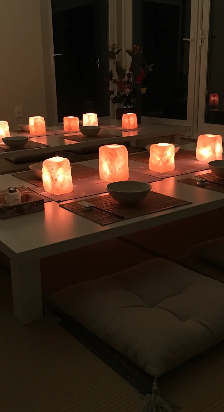Glowing Himalayan salt block candle holders lined up on a low white table with floor cushions.