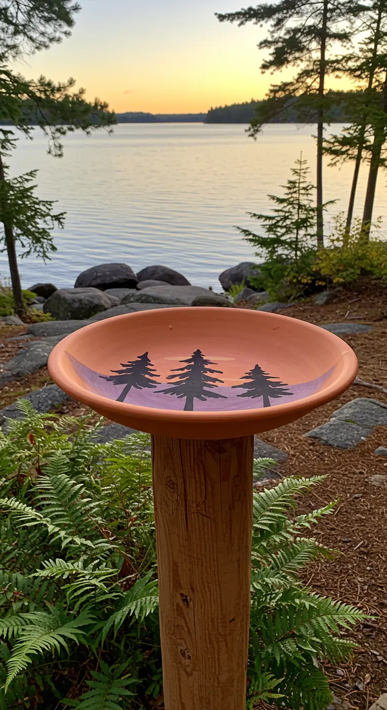 A birdbath with painted pine tree silhouettes against a purple sunset, overlooking a lake.