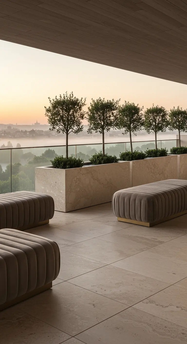 A long marble planter with five small olive trees on a balcony at sunrise.