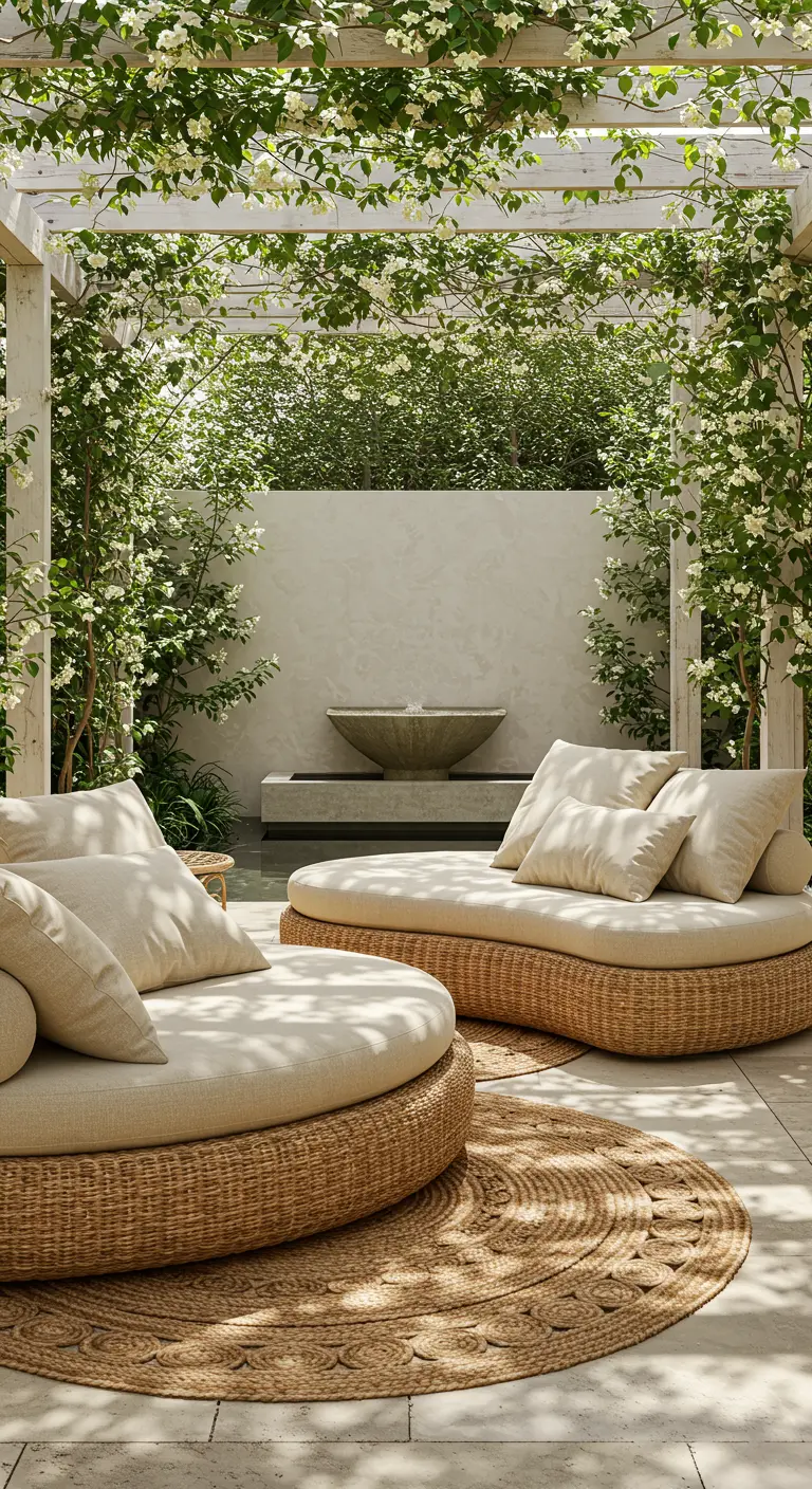 Two round rattan daybeds with cream cushions under a pergola with white climbing flowers.