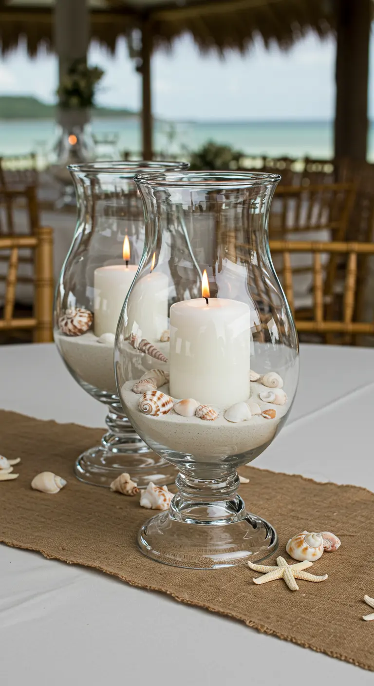 Glass hurricane vases filled with sand and seashells, each holding a white pillar candle.
