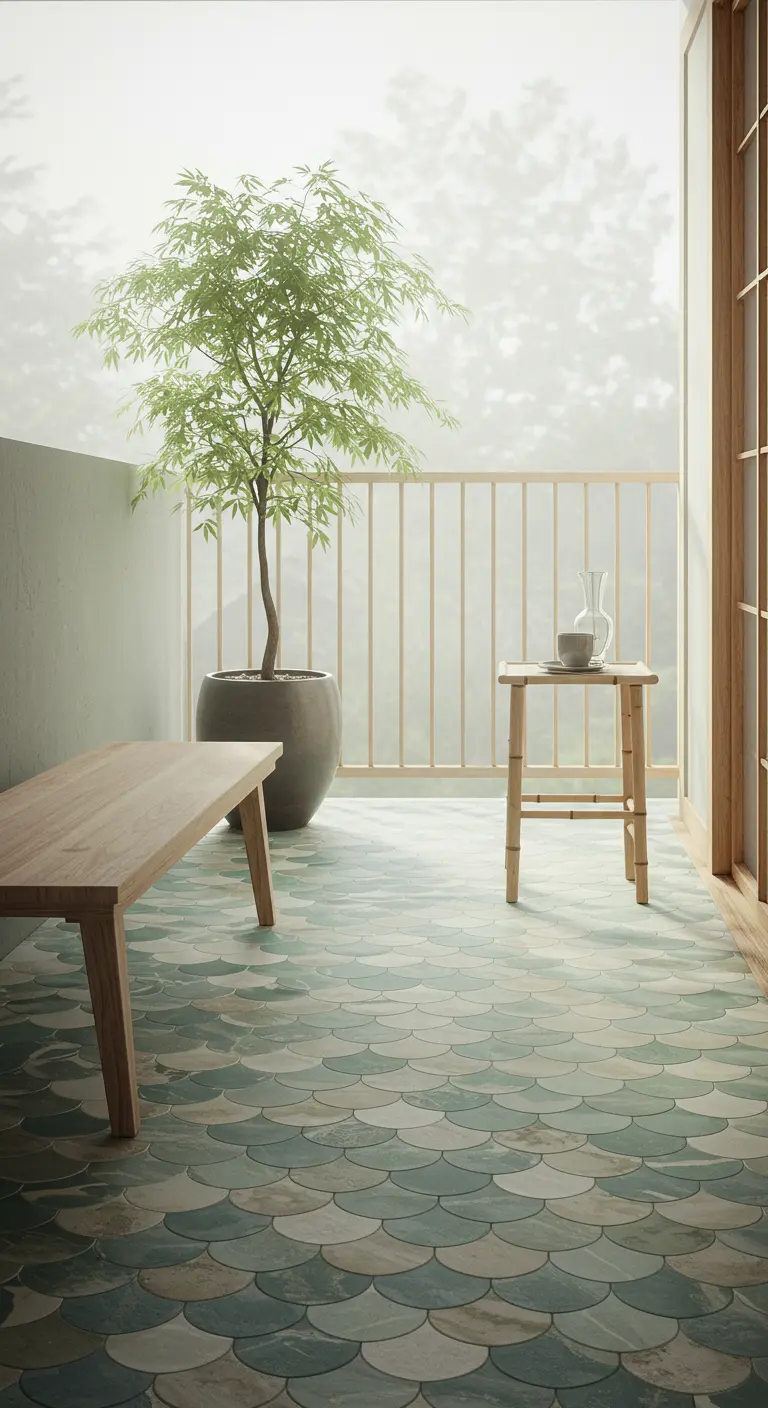 A minimalist balcony with green and gray scallop tiles, a light wood bench, and a potted tree.